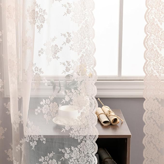Kotile Blush Pink Sheer Curtains 54 Inch Length, 2 Panels, W42 x L54 Inch Each, Country Rustic Floral Coquette Lace Curtains for Girls Bedroom, Rod Pocket Privacy Light Filtering Lacy Window Curtain