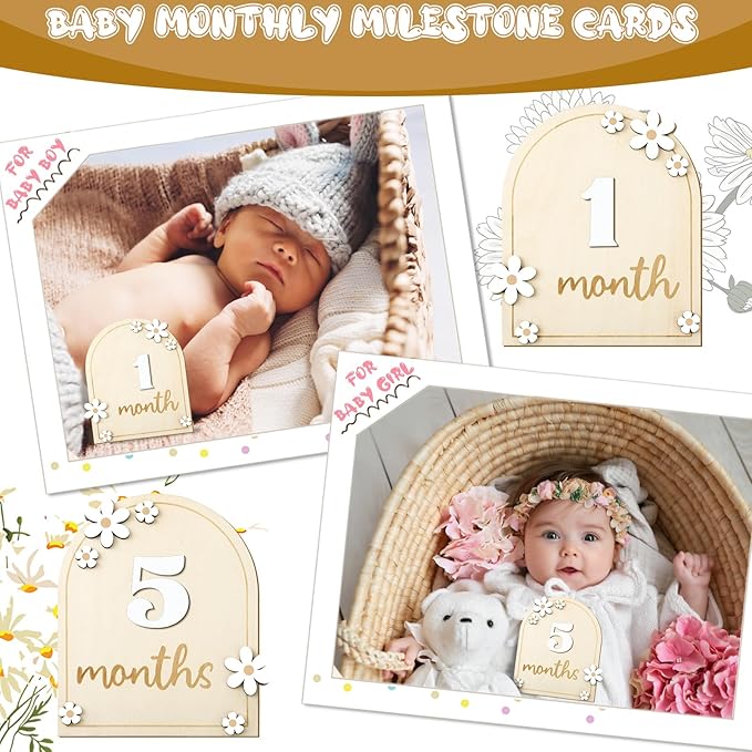Baby Monthly Milestone Cards with Hello World Newborn Sign, Daisy Baby Milestone Signs Baby Monthly Milestone Wood Discs Baby Announcement Sign for Baby Growth Photo Props