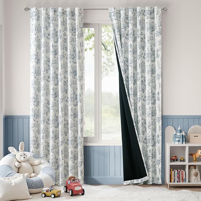 jinchan 95% Blackout Nursery Curtains 84 Inches Long, Bunny Woodland Toile Curtains Blue on Beige Animal Printed Drapes for Bedroom Rod Pocket Thermal Insulated Farmhouse Window Treatment 2 Panels