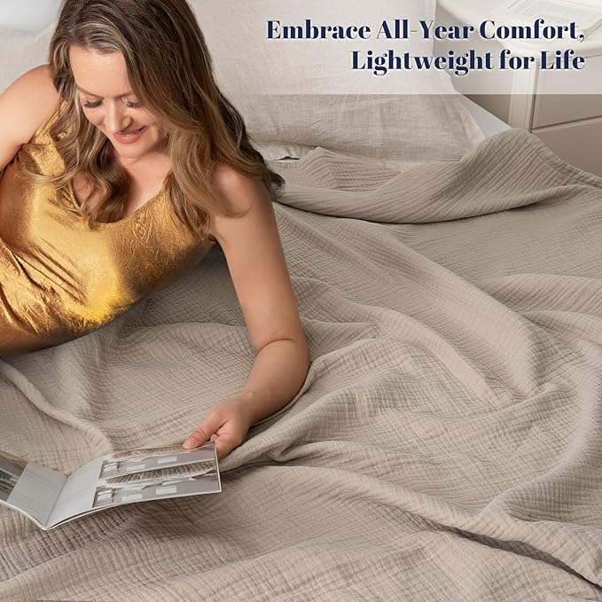 PHF 100% Cotton Muslin Blanket Twin XL Size 66"x90", 4-Layer Lightweight Gauze Throw, Breathable Cloud-Soft Minimalist Blanket for Bed, Couch, Camping & Baby, Taupe, Ideal Gift