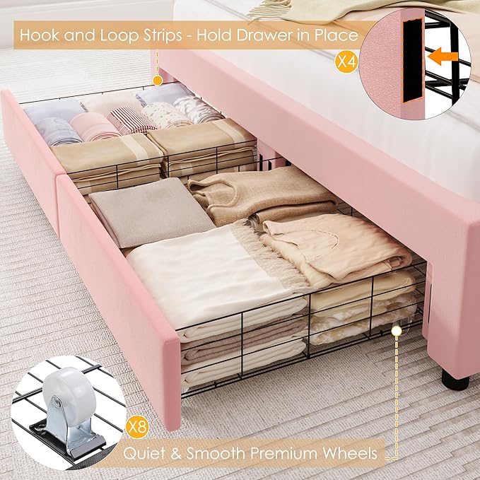 Keyluv Queen Princess Bed Frame with Storage Drawers, Soft Velvet Upholstered LED Platform Bed with Adjustable Modern Shell Headboard, No Box Spring Needed, Noise-Free, Pink