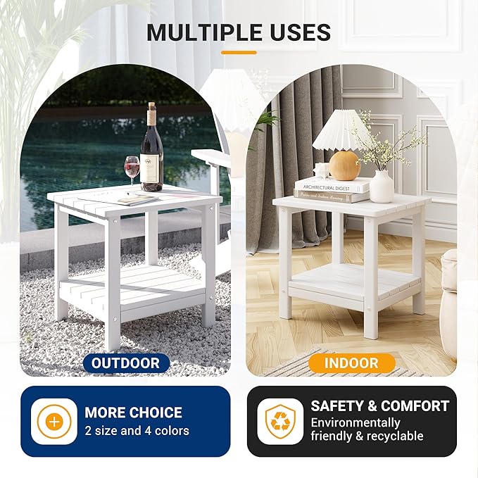 UDPATIO 2-Tier Side Table, 19x16x17.8 in, White, Adirondack End Table, Indoor & Outdoor Use