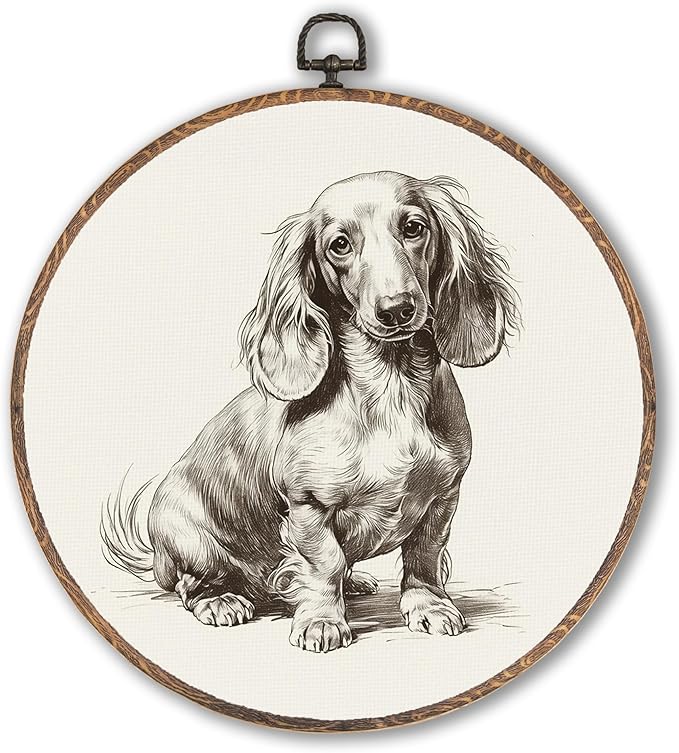 Vintage Dachshund Round Wall Art Framed, Retro Weiner Dog Round Wall Decor, Dachshund Weiner Dog Gifts Hanging Canvas Print Wall Sculpture for Bedroom Living Room Decor, 10x10 Inch