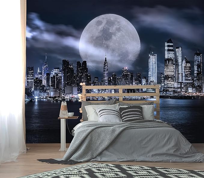 XMPMBM-Grey City Night View The Moon Nursery Room Fabric Wallpaper Living Room Bedroom Bathroom Wall Mural-W 154" X H 105"（112 Square Foot）