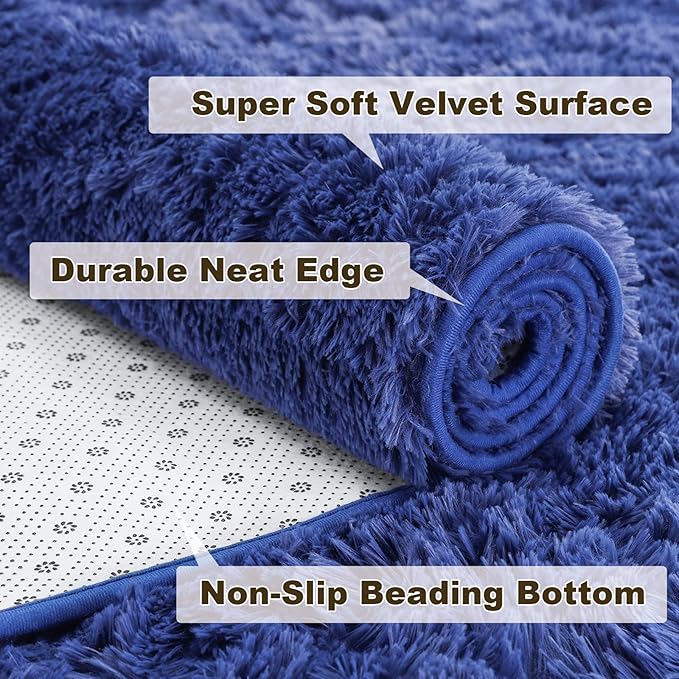 Merelax Soft Modern Indoor Large Shaggy Rug for Bedroom Livingroom Dorm Kids Room Home Decorative, Non-Slip Plush Fluffy Furry Fur Area Rugs Comfy Nursery Accent Floor Carpet 5x8 Feet, Light Navy