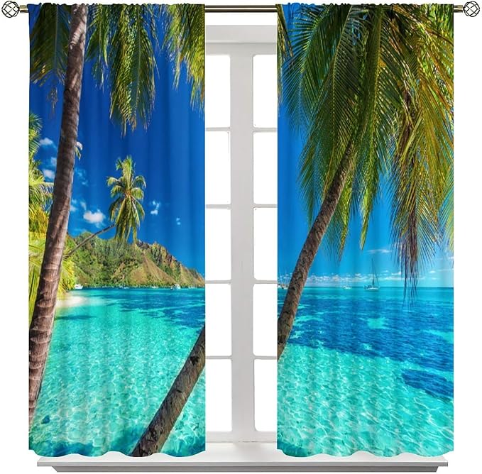Ocean Beach Curtains,Sunshine and Beach Hawaiian Seaside Scene Pattern Blackout Print Home Bedroom Living Room Window Treatments 2 Panel Set 63x72 Inch