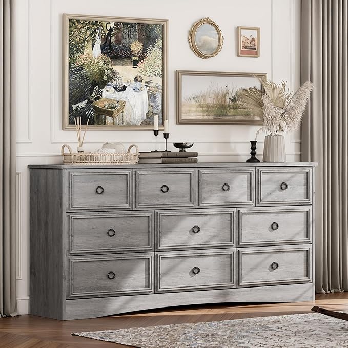 Grey 10 Drawer Dresser, 59" Large Dresser for Bedroom, Wood Chest of Drawers, TV Stand for 70 inch TV, Rustic Storage Dressers Organizer for Bedroom, Hallway