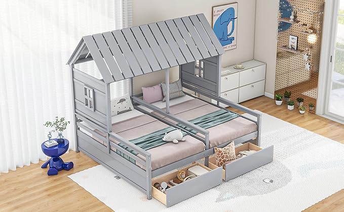 Harper & Bright Designs Twin Size House Platform Beds with Two Drawers for Boy and Girl Shared Beds, Combination of 2 Side by Side Twin Size Beds, Gray