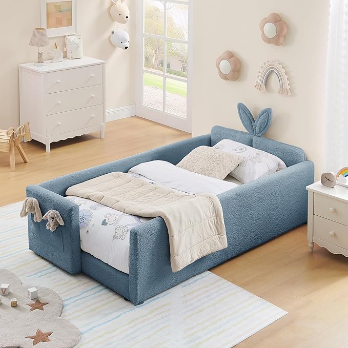 DEINPPA Twin Size Platform Bed Frame with Rabbit Ear Shaped Headboard and Pocket, Boucle Upholstered Bed Frame with Guardrail for Children Kids Boys Girls-Blue