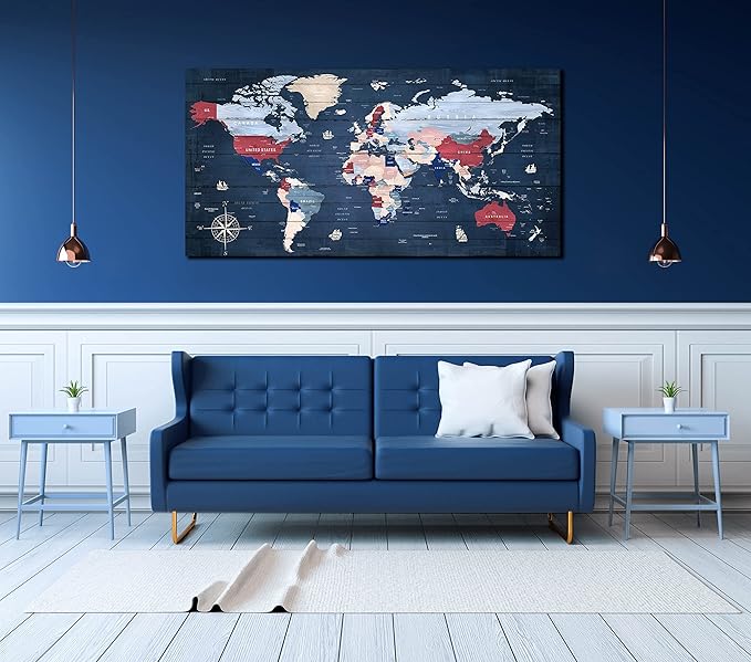 ZHAOSHOP World Maps for Wall - Blue Wall Decor for Living Room - World Map Canvas Wall Art Ready to Hang Size 59" x 29"