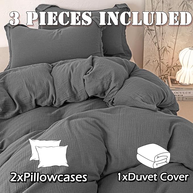 MorroMorn Muslin Duvet Cover Twin Size, 100% Breathable Cotton 2-Layer Gauze Comforter Cover Set 3 Pieces with 2 Pillowcases Zipper Closure & Corner Ties, Ultra Soft Linen Like, 68"x90", Dark Grey