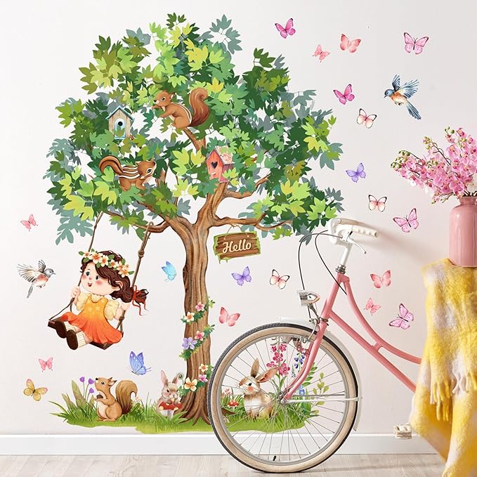 Amaonm Large Whimsical Tree Wall Decal with Woodland Animals, Birds, and Butterflies, Watercolor Green Tree Wall Sticker Decor for Girls Kids Bedroom Living Room Nursery Decoration (A)