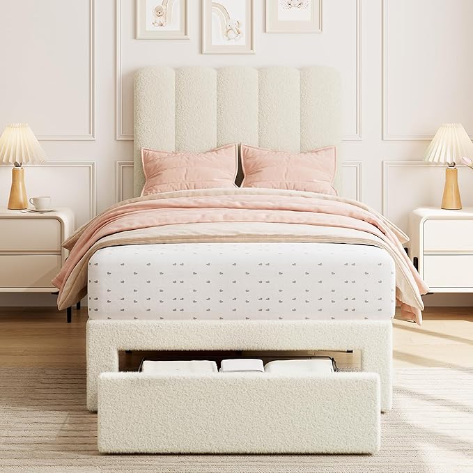 GarveeHome 2 Sets Twin Bed Frame with Under-Bed Drawer, Upholstered Platform Bed with Wave Headboard for Kids/Girls, Wooden Slats Support, No Box Spring Needed, Boucle Beige