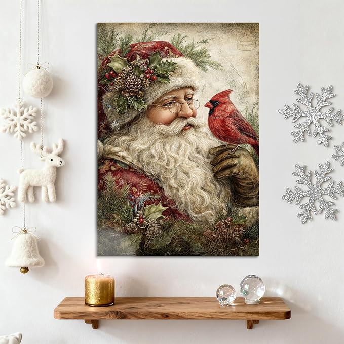 YONICA Christmas Canvas Wall Art Santa with Cardinal 36x46 Inch Vintage Style with Red Bird - Large Framed Gallery Wrapped Wildlife Art