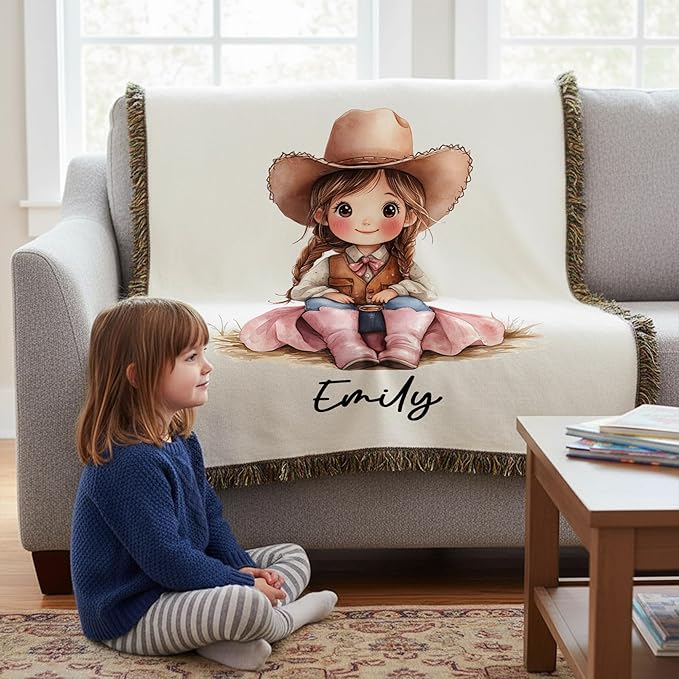 Western Cowboy Cowgirl Baby Name Blanket - Personalized Baby Blankets Nursery Decor - Custom Name Kids Throw Blanket for Girls Boys - Customized Western Cartoon Style Toddler Girl Birthday Gifts