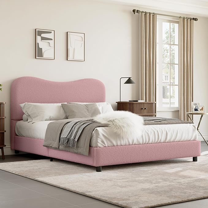 Senfot Pink Boucle Bed Frame with Upholstered Headboard, Soft Low Profile Sturdy Platform Bed with Rounded Corners Design, Heavy Duty, Wooden Slats, Noise Free, No Box Spring Needed, Full Size