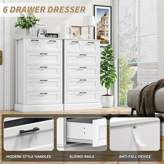 White 6 Drawer Dresser, 47'' Tall Modern Vertical Chest of Drawers with Painted Wood, Storage Dressers for Bedroom, Living Room, Hallway, Entryway, White