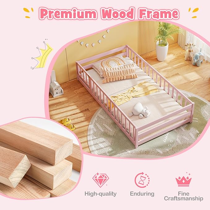KOMFOTT Twin Size Wood Floor Bed with Door & Fence, Montessori Bed Frame with Full Length Safety Guardrails, Door & Latch, Wooden Montessori Floor Bed for Kids, Girls, Boys (Twin,Pink)
