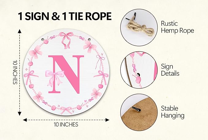 Monogram Round Sign For Front Door, Cherry Bow Theme Sign For Porch Art Wall Door, Initial Signs Hanging Ornament For Indoor Outdoor, Decorations Gifts For Four Seasons Rustic Home Kitchen, N, A14