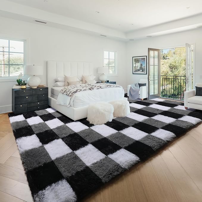 KICMOR 8x10 Area Rugs for Living Room, Large Fluffy Soft Black White Grey Checkered Shag Shaggy Bedroom Carpet, Big Fuzzy Plush Floor Rug for Kids Boys Girls Room Dorm Nursery Home Decor Aesthetic