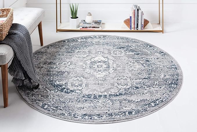 Rugs.com Charleston Collection Rug – 5 Ft Round Gray Low-Pile Rug Perfect for Kitchens, Dining Rooms