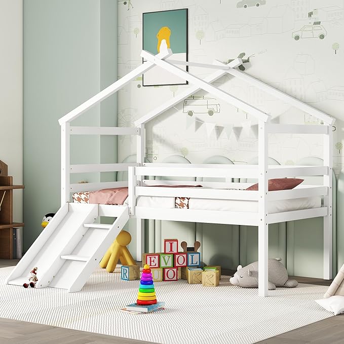 Twin Size Low Loft Bed with Slide and Ladder for Kids Boys Girls, Solid Wood House Roof Loft Bed Frame with Safety Guardrails, Sturdy Slat Support (White-50)