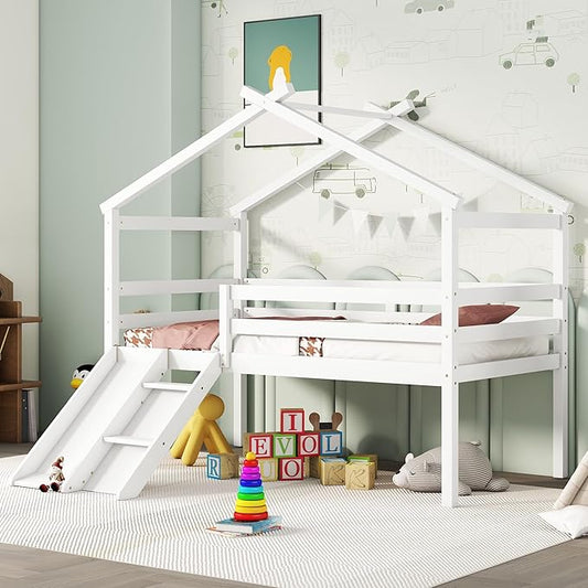 Twin Size Low Loft Bed with Slide and Ladder for Kids Boys Girls, Solid Wood House Roof Loft Bed Frame with Safety Guardrails, Sturdy Slat Support (White-50)