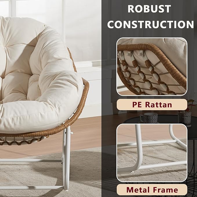 Oversized Outdoor Papasan Rocking Chair with Soft Cushion, Comfy Patio Egg Chair, Wicker Lounge Rocker for Balcony/Porch/Garden, Reinforced All Weather Rattan Frame, 330 lbs Support, Cream