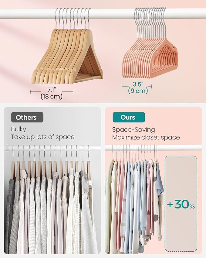 SONGMICS Kids Hangers 50 Pack, 14 x 8 Inches, Non-Slip Velvet Baby Hangers for Closet, Space-Saving, Wide Shoulder Notches, Coral Pink UCRF038R01