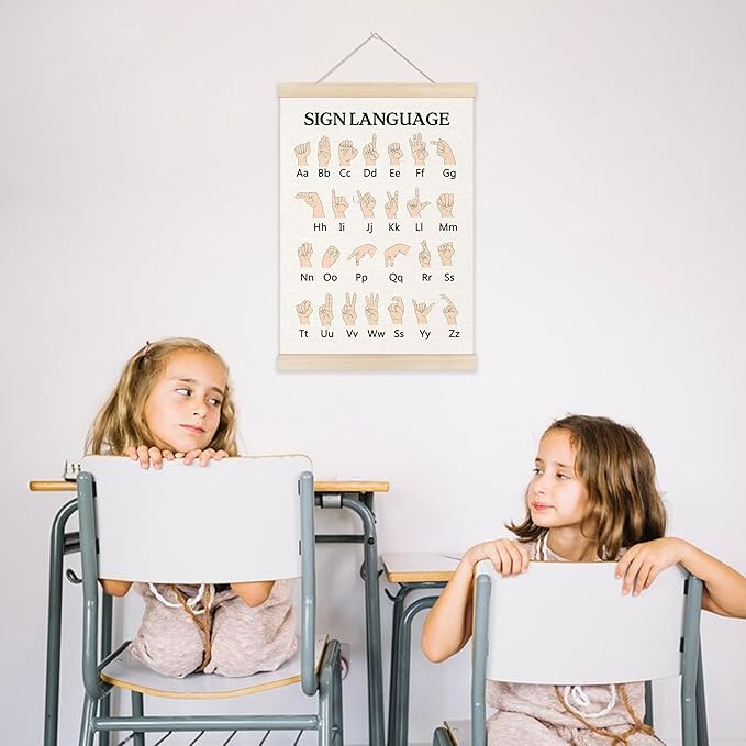 Welshower Sign Language Alphabet Poster Hanger Frame, ASL Alphabet Special Educational Wall Art Prints Decor for Classroom Toddler Kids Bedroom Nursery Playroom Framed, 12x16 Inch