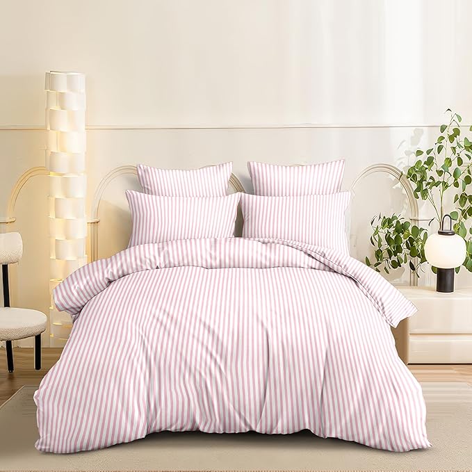 Nayoroom Pink Striped Comforter Set Queen Size White Stripe Comforter 3 Pieces Girls Soft Lightweight Pinstripe Dorm Bedding Set for All Seasons