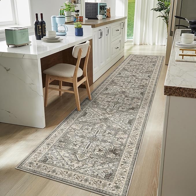 WITSHOCK 3x16 Extra Long Runner Rug for Hallway: Washable Boho Low Pile Stain Resistant Foldable Floor Carpet for Bedroom Entryway Bathroom Kitchen, Distressed Farmhouse Rug, Brown/Lvory, 36″x192″