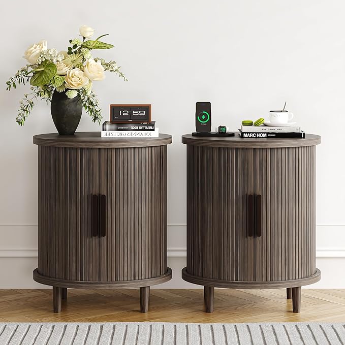 20 Inch Round Side Table,Wood Fluted End Table with Storage, Mid Century Modern Night Stand for Bedroom, Living Room and Apartment