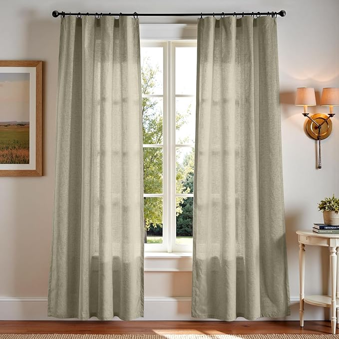 jinchan Linen Blend Curtains 90 inch Length 2 Panels for Bedroom Living Room, Light Filtering 50 inch Wide Farmhouse Drapes with Rod Pocket Back Tab(50W x 90L, Light Green)