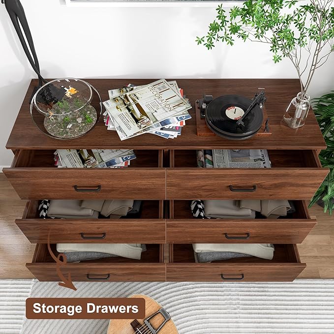 Bigbiglife Wood Dresser for Bedroom, 6 Drawer Double Dresser, Mid Century Modern Chest of Drawers with Deep Drawers, Large Storage Organizer for Living Room, Closet(Walnut Brown)