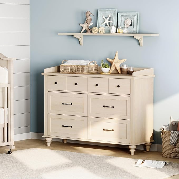 WAMPAT Beige Baby Dresser with 6 Drawers for Kids Room, Kids Dressers Wooden Double Dresser for Bedroom, Chest of Drawers Storage Organizer for Nursery Furniture