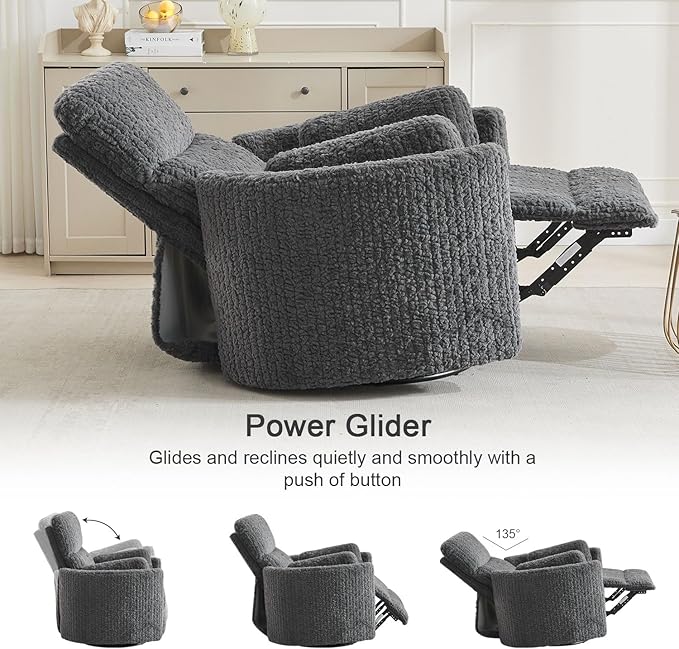 Swivel Glider Recliner, Boucle Upholstery Recliner with 2 Pillow, Nursery Glider Rocker Chair, Power Reclining Sofa Chair for Living Room/Office/Apartment/Dark Gray