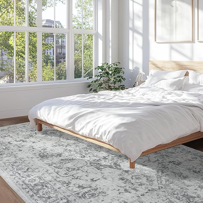 Area Rug 6x9, Washable Rug for Living Room, Large Area Rugs for Bedroom, Vintage Rug 6x9 for Dining Room, Non Slip Soft Low Pile Indoor Carpet for Kitchen, Nursery, Office, Farmhouse, Grey