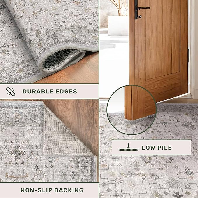 Light Gray Washable 2'6"x10' Wide Hallway Runners, Kitchen Runner Rug, Non-Slip & Stain Resistant 10ft Long Floor Rug, Neutral Boho Floral Décor