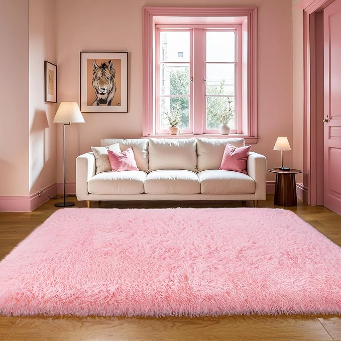 Thick Area Rug 4x6 Pink Fluffy Shag – Ultra Soft Thickened Plush Washable Carpet, Non-Slip Fuzzy Shaggy Rug for Girls Bedroom, Kids’ Room, Nursery, Baby, Dorm, Living Room Cozy Décor