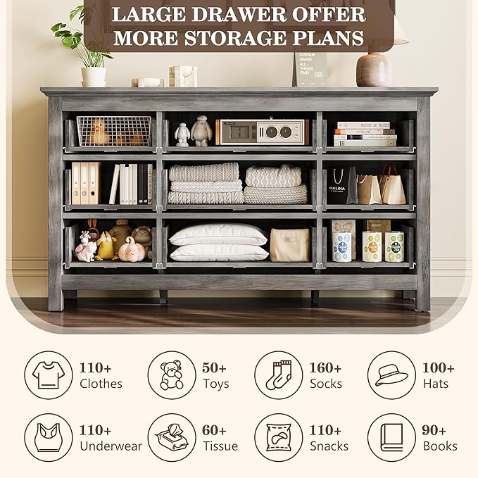Grey 9 Drawer Dresser, 57" Large Dresser for Bedroom, TV Stand for 70 inch TV, Wood Chest of Drawers with Metal Handle, Rustic Storage Dressers Organizer for Bedroom, Hallway