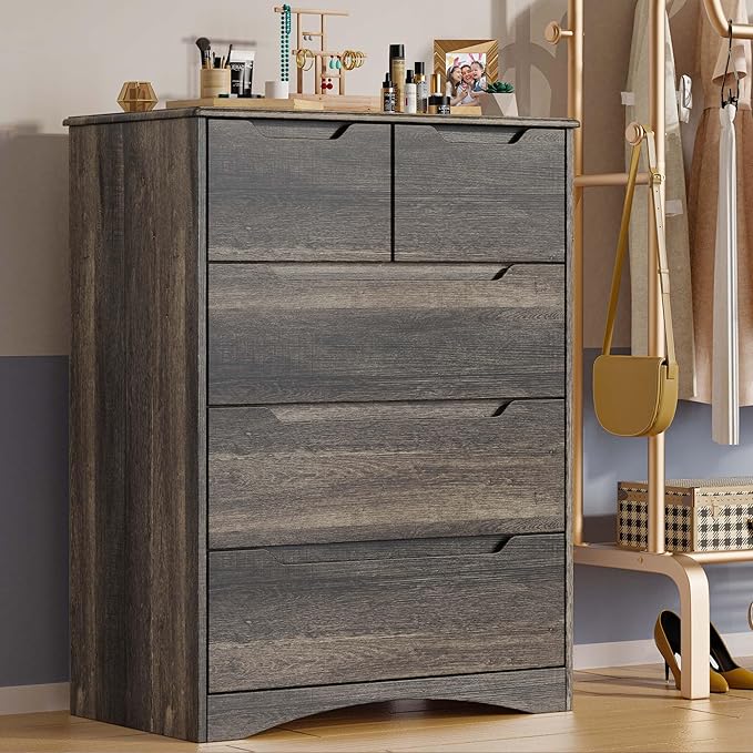 Gizoon 5 Drawers Chest, Dark Brown Dresser for Bedroom with Large Storage Capacity, Chest of Drawers with Embedded Handle, Sturdy Anti-Tripping Device for Hallway, Office, Living Room