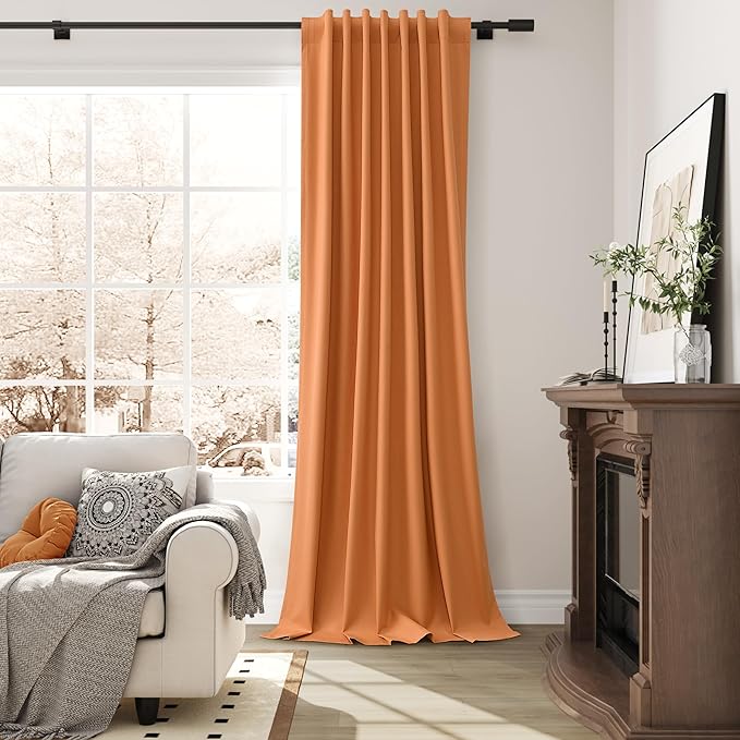 Guken Orange Linen 100% Blackout Curtains for Living Room 120 Inches 2 Panel Sets Long Textured Black Out Thermal Insulated Back Tab Hook Belt Backdrop Patio Curtains for Sliding Door 52x120