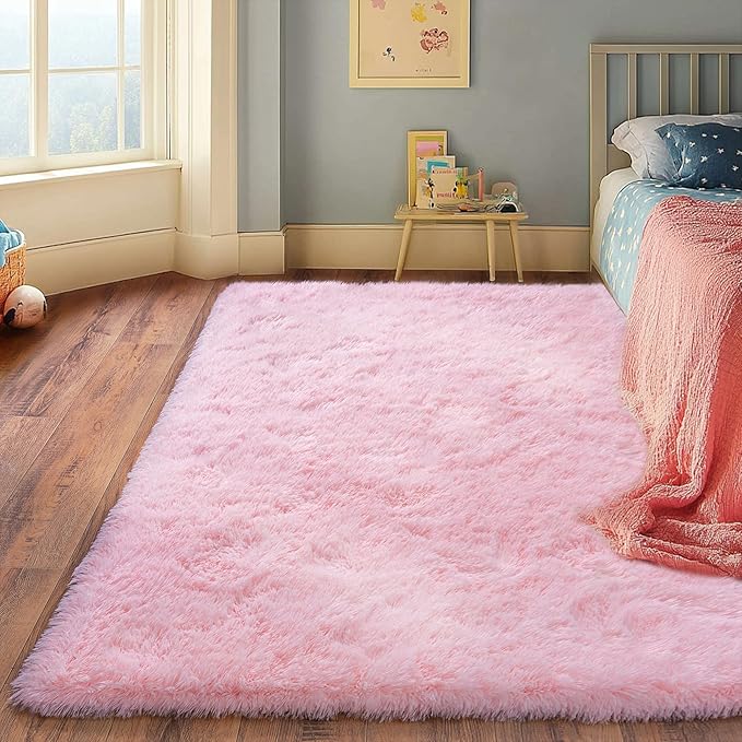 Pink Rug for Living Room, 8x10 Area Rug for Cute Girls Room, Bedside Indoor Floor Fluffy Shag Carpet, Plush Soft Rug for Bedroom Nursery Dorm Home Decor