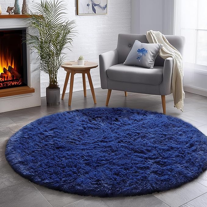 Navy Blue Round Rugs 5Ft for Boys Bedroom, Fluffy Circle Area Rug for Kids, Living Room Decor Aesthetic, Shag Fur Throw Royal Dark Blue Carpet for Baby Nursery, Shaggy Thick Fuzzy Floor Carpets