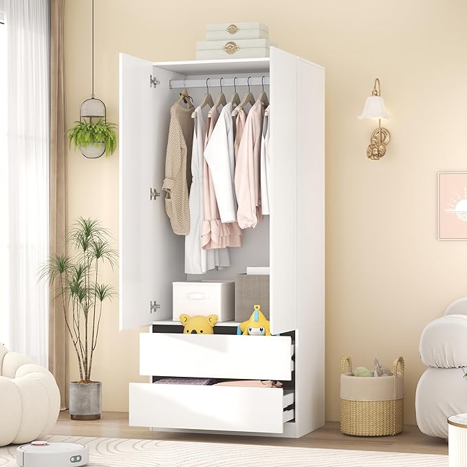 Armoire Wardrobe Closet with Drawers：75" Large White Wardrobe Closet Cabinet with 2 Doors for Hanging Clothes, Modern Wooden Bedroom Armoires with 2 Drawers and Storage (A-Style, 31.5")