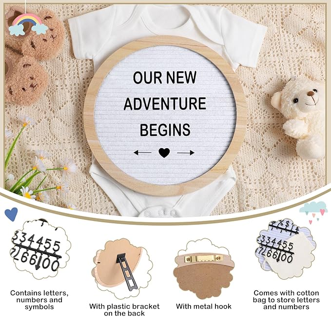 8 Pcs Pregnancy Announcement Set Pregnancy Reveal Ideas Include Felt Letter Round Board Kit Baby Bodysuit Booties Wood Blocks Wooden Signs for Coming Soon Baby Announcement(White)