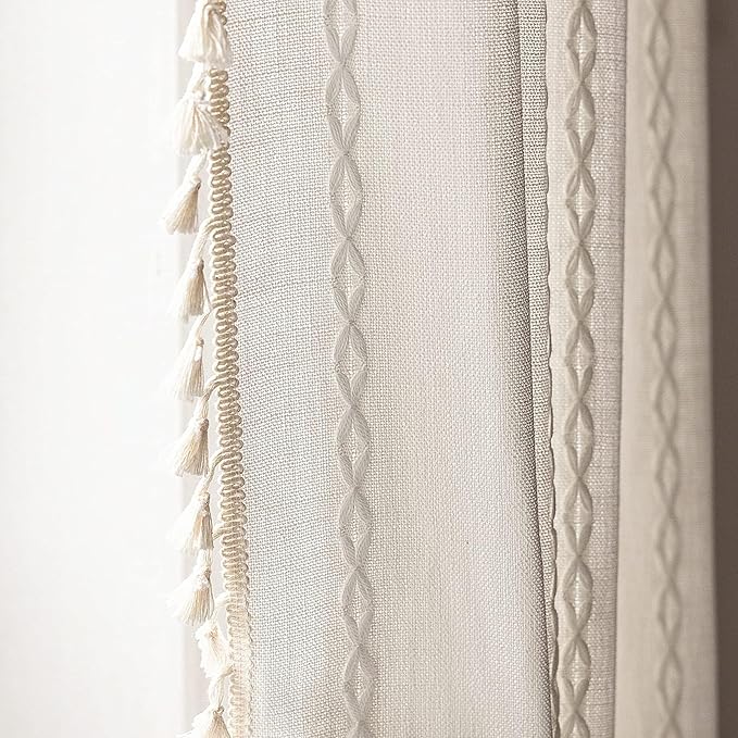 Deeprove White Boho Curtains 90 inches Length for Living Room Bedroom Nursery, Vintage Bohemian 90 inches Long Embroidery Farmhouse Light Filter Country Tassel Window Treatments, W52 x L90, 1 Panel