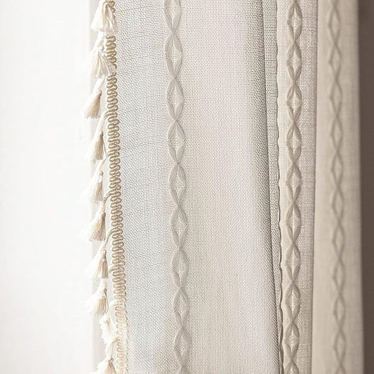 Deeprove White Boho Curtains 90 inches Length for Living Room Bedroom Nursery, Vintage Bohemian 90 inches Long Embroidery Farmhouse Light Filter Country Tassel Window Treatments, W52 x L90, 1 Panel