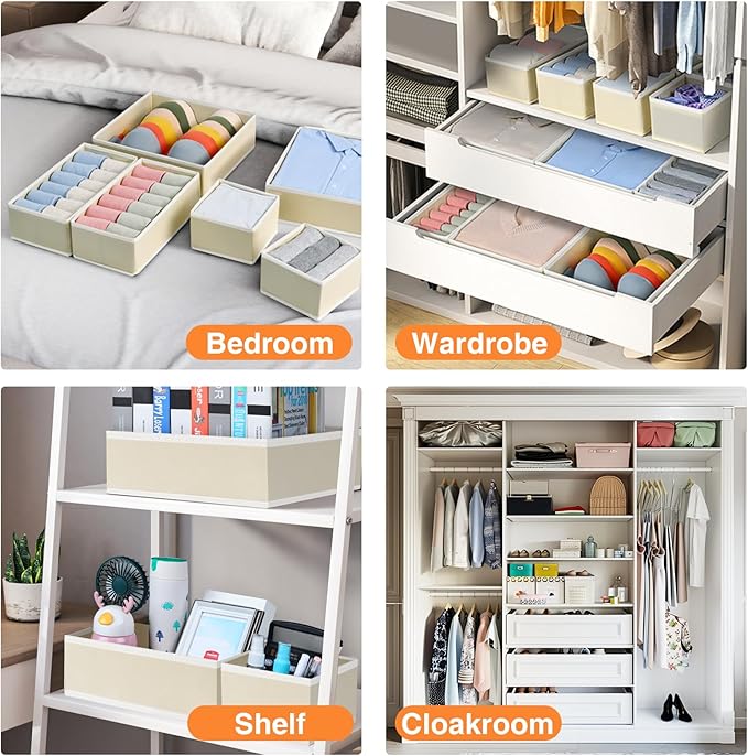 DIMJ Drawer Organizer Clothes 15 Pack - Foldable Baby Organizers and Storage & Dresser Organizer for Bedroom, Closet - Nursery Organization Dresser Dividers for underwear, Sock,Bra, Belt, Tie, Beige